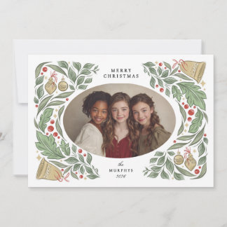 klassieke kerstklokken en bladschikking | vakantie feestdagenkaart