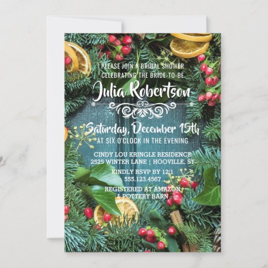 Klassieke Kerstkrans Bruids Douche Uitnodiging (Voorkant)