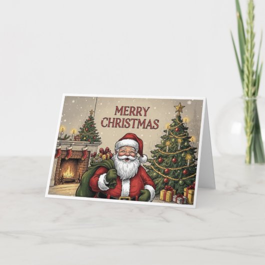 Klassieke Kerstman bij de open haard "Prettig Kers Kaart (Voorkant)