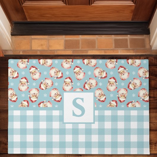 Klassieke Kerstman Blauwe Gingham Geborduurde Kers Deurmat