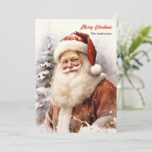 Klassieke Kerstman glimlachend in het besneeuwde b Feestdagenkaart (Staand voorkant)