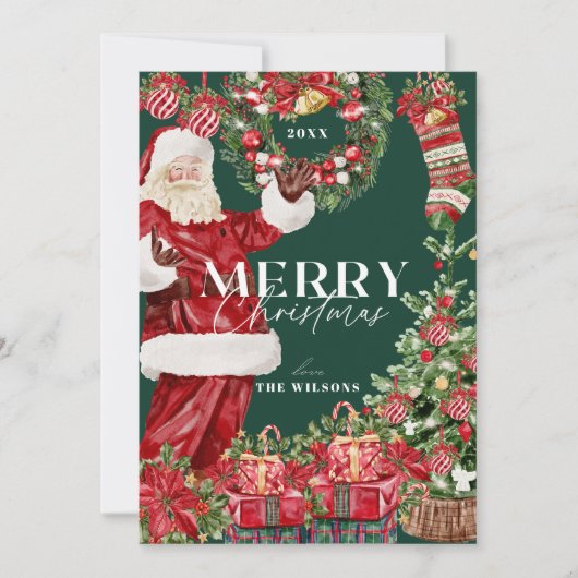 Klassieke Kerstman Kerstboom Groene Foto Feestdagenkaart (Voorkant)