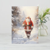 Klassieke Kerstman komt in besneeuwd bos Feestdagenkaart (Staand voorkant)
