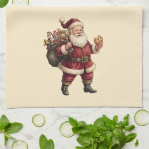 Klassieke Kerstman met Zak Speelgoed en Zoete Trak Theedoek