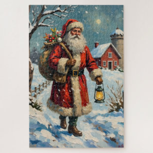 Klassieke Kerstman op besneeuwd boerderijpad Legpuzzel