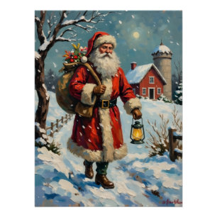 Klassieke Kerstman op besneeuwd boerderijpad Perfect Poster