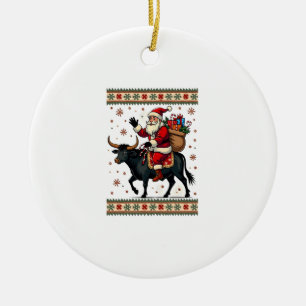 Klassieke Kerstman rijdt op Highland Koe Kerst Vec Keramisch Ornament