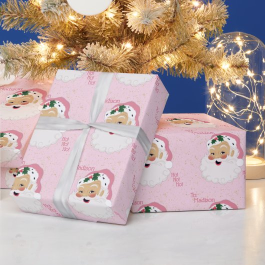 Klassieke kerstman roze gepersonaliseerd cadeaupapier (Feestdagen)