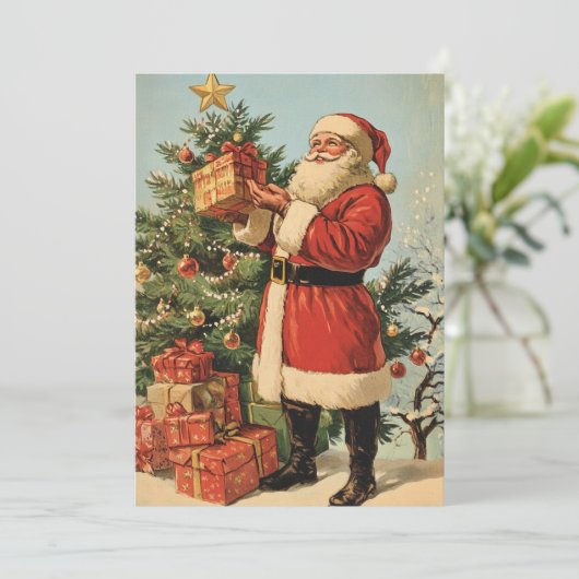 Klassieke  kerstman versierd kerstboom feestdagenkaart (Staand voorkant)