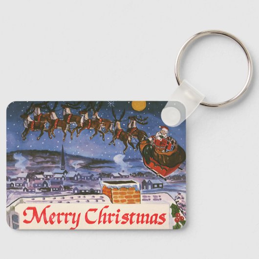 Klassieke Kerstman Vliegt in Zijn Slede Sleutelhanger (Voorkant)