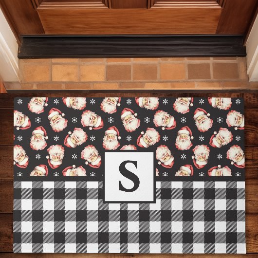 Klassieke Kerstman Zwarte Gingham Monogram Kerstmi Deurmat