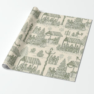 Klassieke Kerstmarkt Toile in Groen en Crème Cadeaupapier