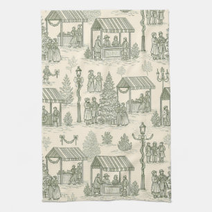 Klassieke Kerstmarkt toile in groen en crème Theedoek