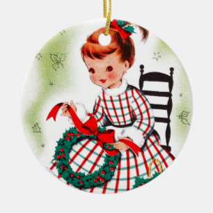 Klassieke kerstmeisjes met grote linten keramisch ornament