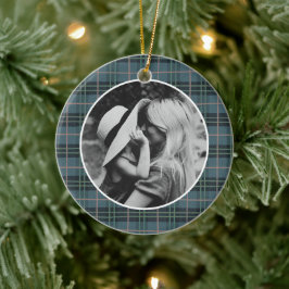 Klassieke Kerstmis Blauwe Geruite Foto Keramisch Ornament