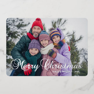 Klassieke Kerstmis Calligrafie Familie Foto Folie Feestdagenkaart