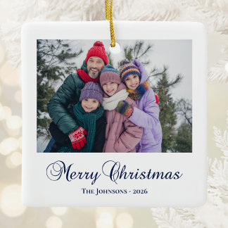Klassieke Kerstmis Calligrafie Familie Foto Keramisch Ornament
