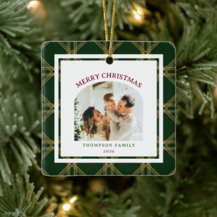 Klassieke Kerstmis Erfgoed Groen Geruit Foto Keramisch Ornament
