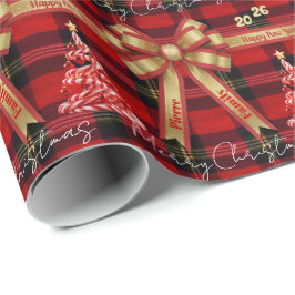 Klassieke Kerstmis Geruit -Familienaam Cadeaupapier