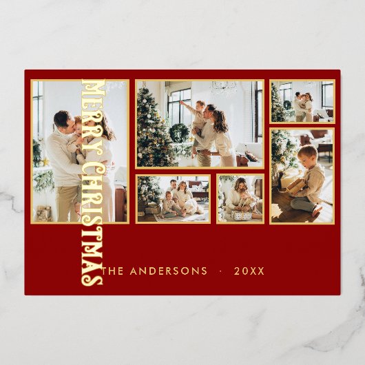 Klassieke Kerstmis Multi Photo Family Folie Feestdagenkaart (Voorkant)