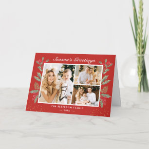 Klassieke Kerstmis Red Holly Berries 3 Foto gevouw Feestdagen Kaart