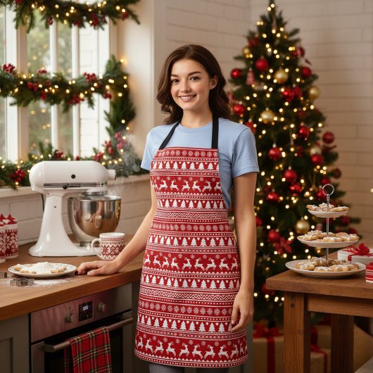 Klassieke Kerstmis Rendier Sneeuwvlokken Rood en W Schort