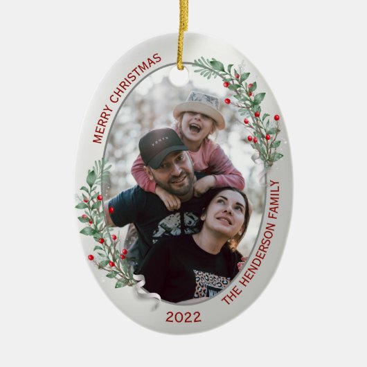 Klassieke kerstPlanten Silver Lijst Foto Keramisch Ornament (Voorkant)