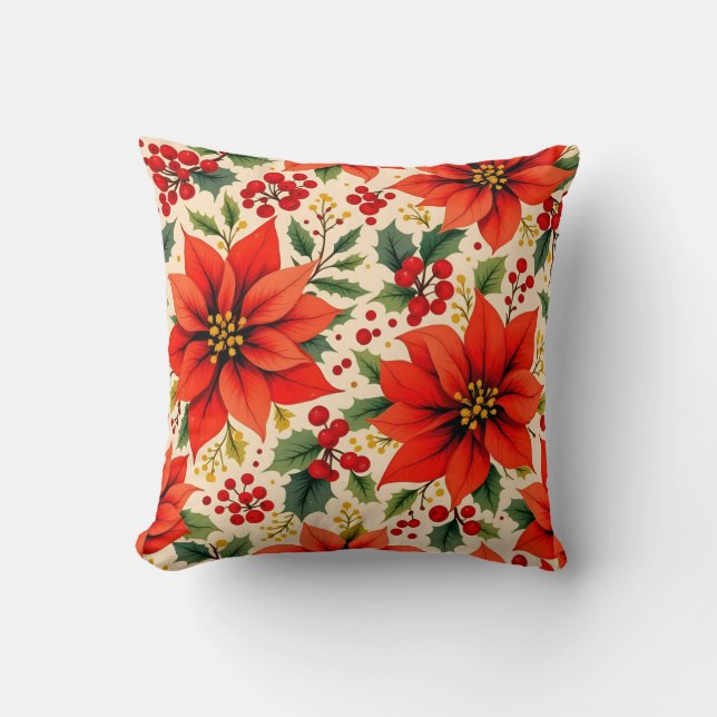 Klassieke kerstpoinsettia en Holly Pattern Kussen (Voorkant)