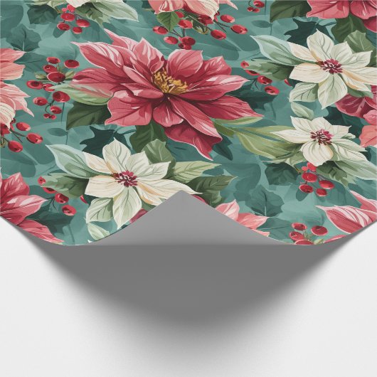 Klassieke kerstpunsettia cadeaupapier (Hoek)