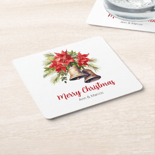 Klassieke kerstpuntjes en gouden klokken kartonnen onderzetters (Schuin)