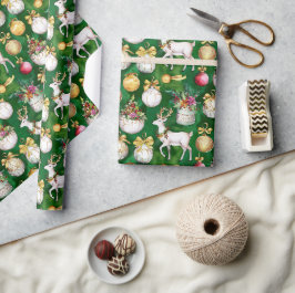 Klassieke Kerstrendieren & Ornamenten Groen Cadeaupapier