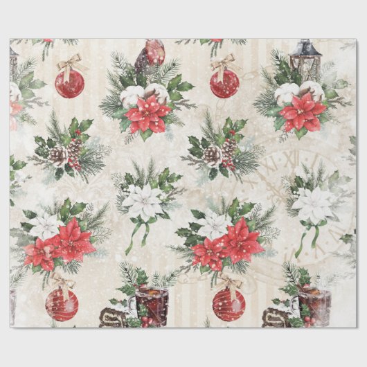 Klassieke kerstrode en witte punsettia bloem cadeaupapier (Vlak)