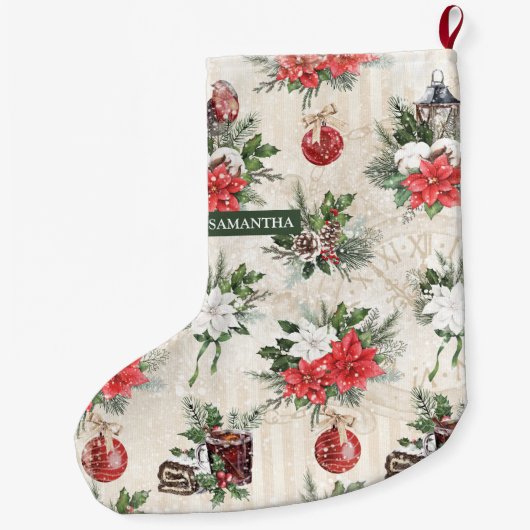 Klassieke kerstrode en witte punsettia bloem grote kerstsok (Achterkant)