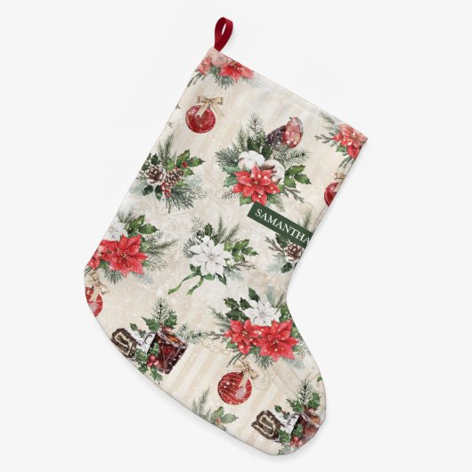 Klassieke kerstrode en witte punsettia bloem grote kerstsok (Voorkant (Hangend))