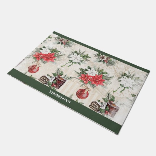 Klassieke kerstrode en witte punsettia bloemen deurmat (Schuin)
