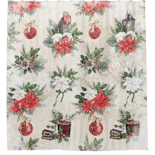 Klassieke kerstrode en witte punsettia bloemen douchegordijn (Voorkant)