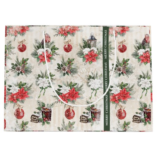 Klassieke kerstrode en witte punsettia bloemen groot cadeauzakje (Voorkant)