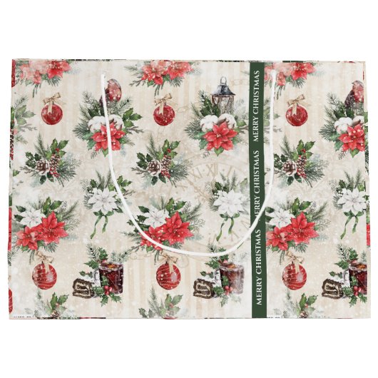 Klassieke kerstrode en witte punsettia bloemen groot cadeauzakje (Achterkant)