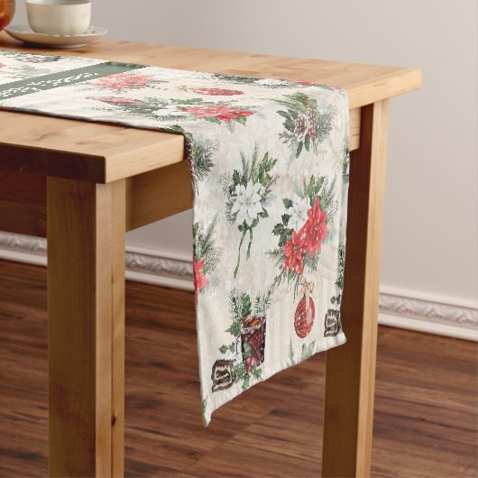 Klassieke kerstrode en witte punsettia bloemen korte tafelloper (Voorbeeld)