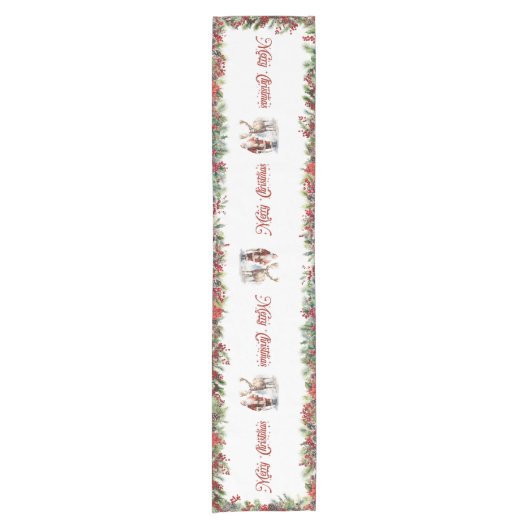 Klassieke kerstrode en witte punsettia bloemen korte tafelloper (Voorkant)