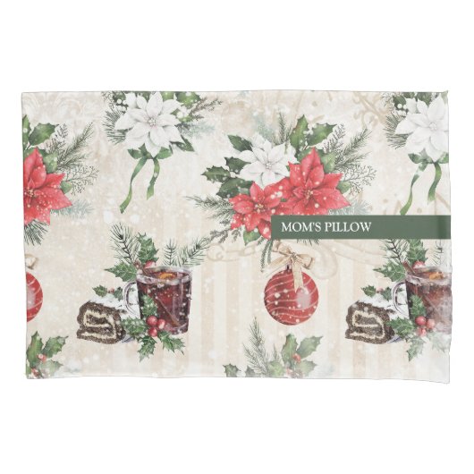 Klassieke kerstrode en witte punsettia bloemen kussensloop (Voorkant-Links)