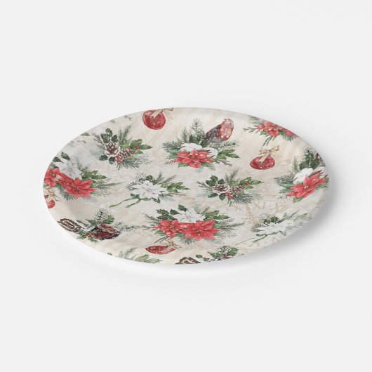 Klassieke kerstrode en witte punsettia bloemen papieren bordje (Gekanteld)