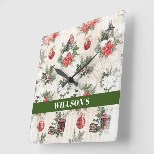 Klassieke kerstrode en witte punsettia bloemen vierkante klok (Hoek)