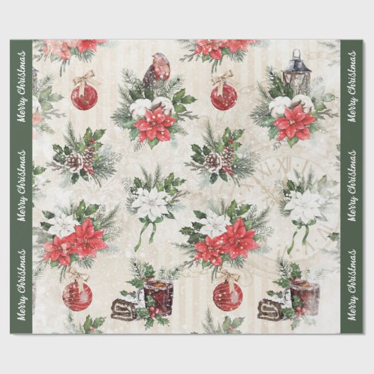 Klassieke kerstrode en witte punsettia katoen cadeaupapier (Vlak)