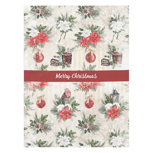 Klassieke kerstrode en witte punsettia katoen tafelkleed (Voorkant)