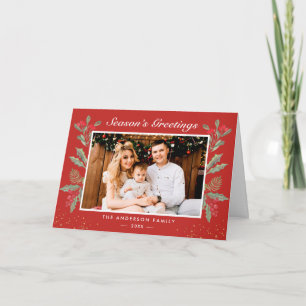 Klassieke kerstrode Holly Berries Fotogroet Feestdagen Kaart