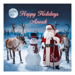 Klassieke kerstscène met Santa, Snowman Foto Afdruk