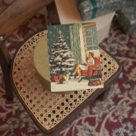 Klassieke Kerstscène Vrouw Hond Versierd Boom Feestdagenkaart