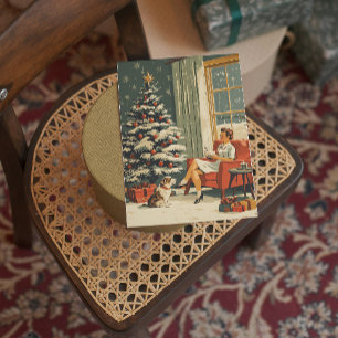 Klassieke Kerstscène Vrouw Hond Versierd Boom Feestdagenkaart