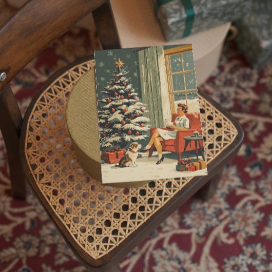 Klassieke Kerstscène Vrouw Hond Versierd Boom Feestdagenkaart